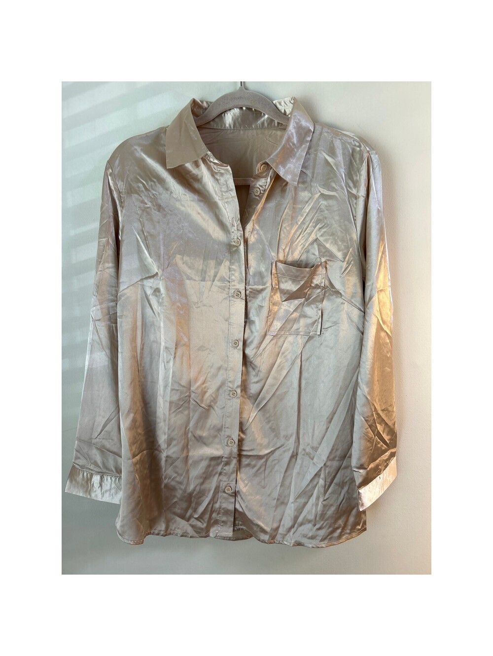 Women's M Champagne Satin Pajama Top Button Down Sleep Shirt Long Sleeve